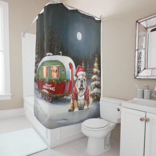 Rideaux De Douche Winter Bulldog Caravan Christmas Adventure (En situation)