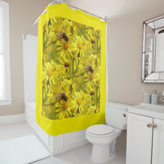 Rideaux De Douche Yellow Bumble Bee et Fleurs de marguerite Douche r (En situation)