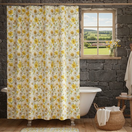 Rideaux De Douche Yellow Watercolor Wildflower Pattern 