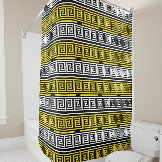 Rideaux De Douche Yellow White Black Greek Key Fret Pattern Design 