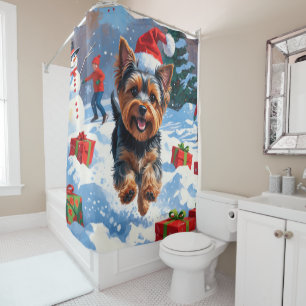Rideaux De Douche Yorkshire Terrier dans la neige avec un chapeau de