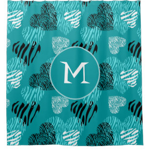 Rideaux De Douche Zebra Print Hearts Turquoise Blanc Monogramme