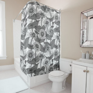 Rideaux De Douche Zinnias, monochrome sur blanc