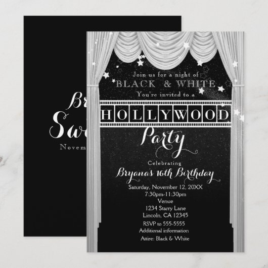 Rideaux HOLLYWOOD Noir & Blanc Invitations de Fête (Devant / Derrière)