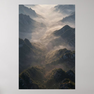 Ridge lines dissolving into morning fog. Soft and Poster