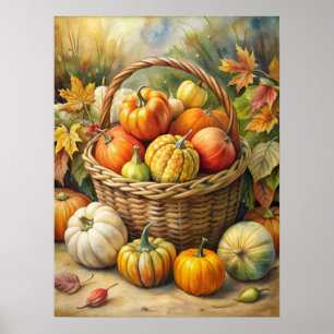 Rieten mand met pompoenen Herfst Poster