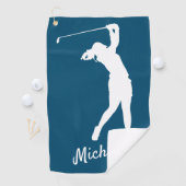 Righthanded "golfer Michelle" blue Golf Golf Towel Golfhanddoek (Insitu)