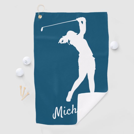 Righthanded "golfer Michelle" blue Golf Golf Towel Golfhanddoek (Insitu)