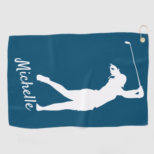 Righthanded "golfer Michelle" blue Golf Golf Towel Golfhanddoek (Horizontaal)