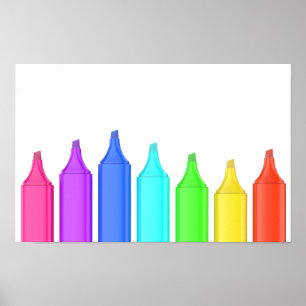 Rij van zeven markeringen in verschillende kleuren poster
