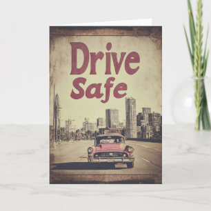 Rijd veilig Retro City Roze Auto Feestdagen Kaart