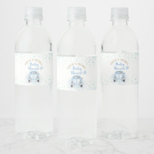 Rijden door Boy Baby shower Gouden Blauwe Auto Fav Waterfles Etiket