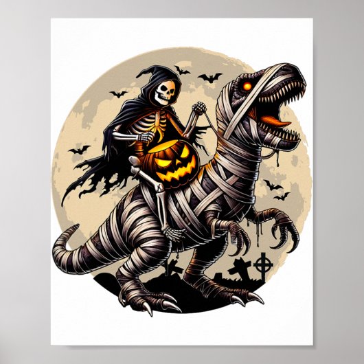 Rijden Mummy Dinosaur T Rex Pumpkin Funny Hallowee Poster (Voorkant)