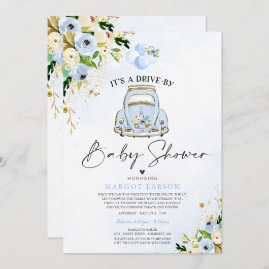 Rijden op Baby shower Invitation Blue Floral Kaart (Voorkant / Achterkant)