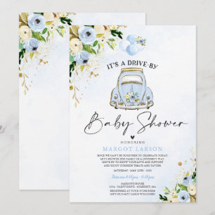 Rijden op Baby shower Invitation Blue Floral Kaart