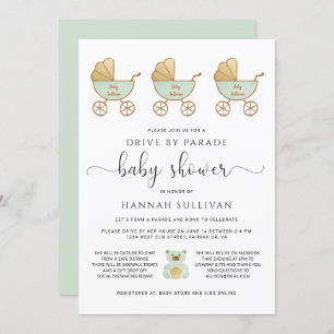 Rijden op Baby shower Retro Carriage Green Gold Kaart