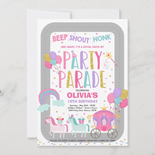Rijden op verjaardagsparade uitnodiging roze prins (Voorkant)