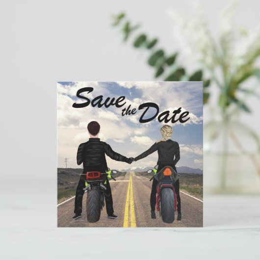 rijdende motorfietsen en veldbruiloft save the date (Staand voorkant)