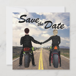 rijdende motorfietsen en veldbruiloft save the date