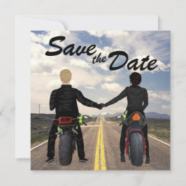 rijdende motorfietsen en veldbruiloft save the date