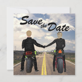 rijdende motorfietsen en veldbruiloft save the date