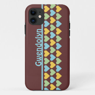 Rijen van hartenpatroonblauw personaliseren naam iPhone 11 hoesje