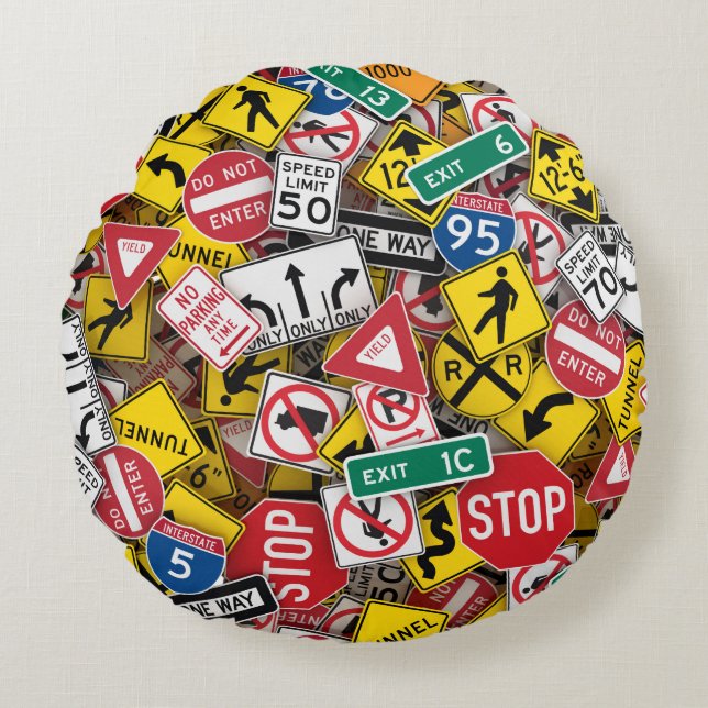 Rijinstructeur Fun Road Sign Collage Rond Kussen (Voorkant)