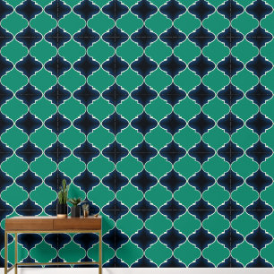 Rijk marineblauw en pauw groen marokkaans patroon behang