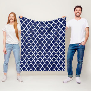 Rijk Marineblauw en Wit Patroon Quatrefoil Fleece Deken