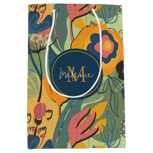 Rijke aarde kleuren abstracte bloemen, monogram medium cadeauzakje (Voorkant)