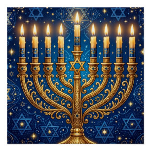 Rijke Blauwe en Gouden Gejewelde Hanukkah Perfect Poster