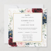 Rijke bordeauxrood blauw bloemenbruiloft plein kaart (Voorkant)