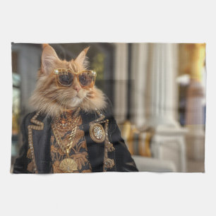 Rijke kat die voor een herenhuis staat theedoek