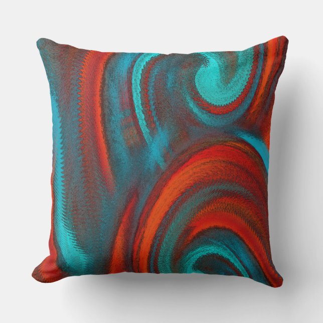 Rijke Oranje Blauwgroen Mengeling Abstracte Modern Kussen (Voorkant)