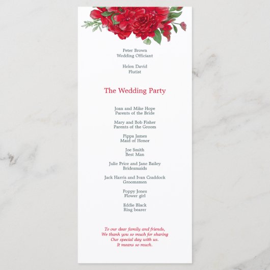 Rijke rode rozen bloemenstijlvol script bruiloft programma (Achterkant)