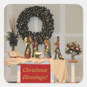 Rijkelijk gekleurd kerststal display ontwerp vierkante sticker
