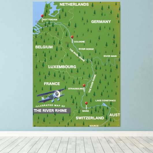 Rijnretro-reiskaart. Canvas afdrukken (Insitu (Houten vloer))