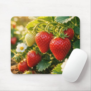 Rijpe aardbeien hangend aan een plant muismat
