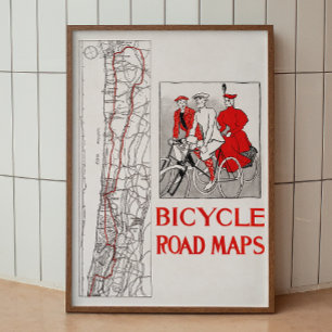 Rijwielkaarten. Rode retro oud antiek Poster
