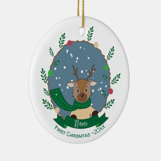 Rinder avec Écharpe Verte 1er Ornement de Noël (Droite)