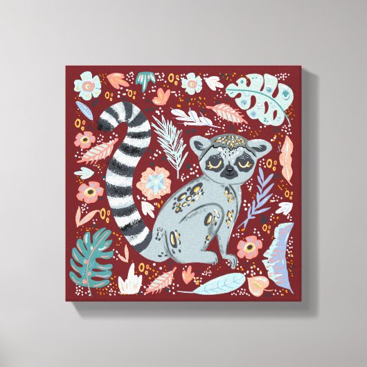 Ring Tailed Lemur Cute Floral Canvas Afdruk (Voorkant)