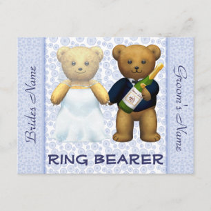 Ringdrager - Blauwe Trouwuitnodiging met Teddydier Kaart