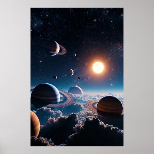 Ringed Worlds Above the Clouds – Cosmic Planetary Poster (Voorkant)