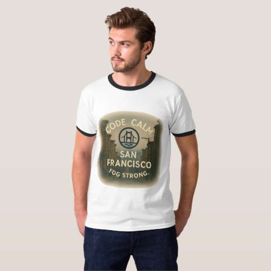 Ringer T-shirt – Code Calm Fog Strong | Retro SF-s (Voorkant volledig)