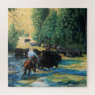 Ringvee bestuurt Angus en paard op de rivier Legpuzzel