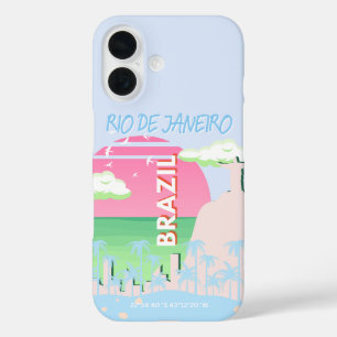 Rio de Janeiro Brazilië Travel Art Blue Illustrati iPhone 16 Hoesje