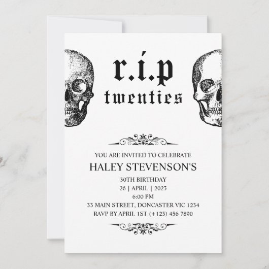 RIP 20s Twenties Grappige schedel Begrafenis 30 Ve Kaart (Voorkant)