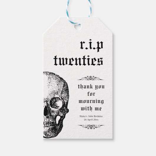 RIP 20s Twenties Grappige Uitvaartschedel 30e verj Cadeaulabel (Voorkant)