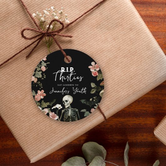 RIP 40th Birthday Party Skeleton Roze Bloemen Bedankjes Labels