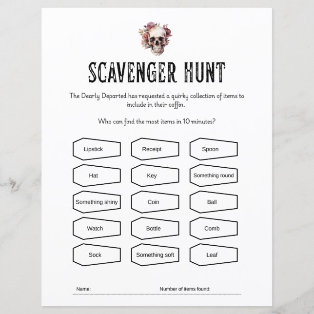 RIP Jeugd Scavenger Hunt partij spel blad (Voorkant)